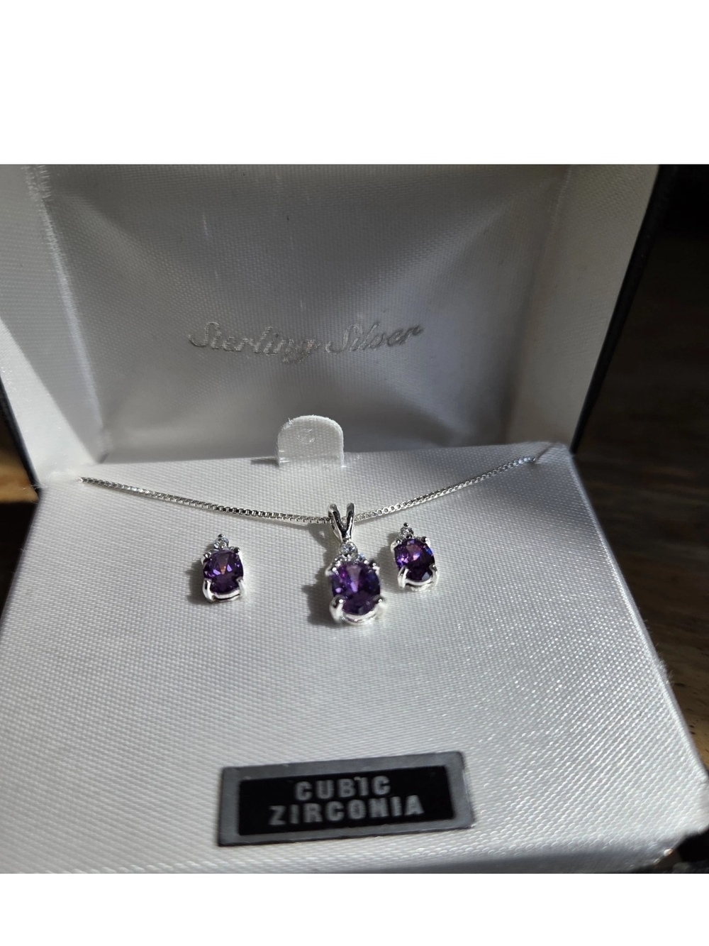Sterling Silver Purple Cubic Zirconia Pendant and Stud Earring Set